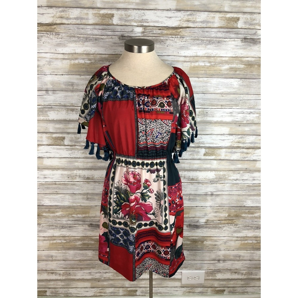 Anthropologie Boho Dress Vanessa Virginia Persian Rose Patchwork Tassel womens S